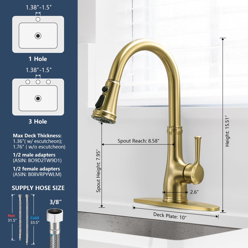 WEWE Vintage Kitchen Faucet with Pull Down Sprayer, Stainless Steel 1 or 3 Hole High Arc Single Handle Antique Sink Faucet for Classic Modern Ktichen, Gold Bar & Prep Sinks - Image 3